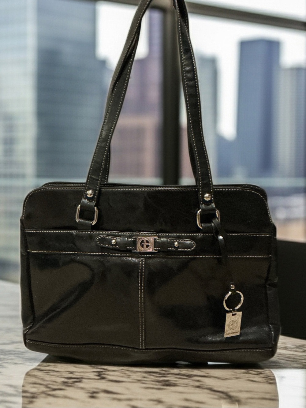 Giani Bernini Black Patent Leather Shoulder Tote with Silver Hardware